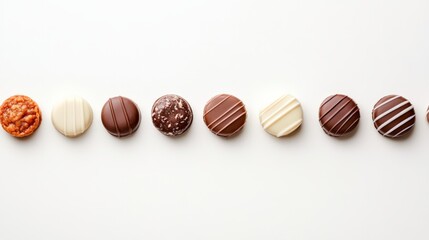Poster - Round chocolate candies with various flavors and toppings create a diagonal line on a clean white background. Offering a tempting treat for valentine's day. Women's day. Or any springtime celebration