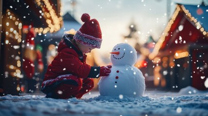 Wall Mural - Winter Wonderland Fun: A toddler in a red snowsuit lovingly decorates a snowman in a magical winter scene, complete with falling snow and twinkling Christmas market lights in the background.  