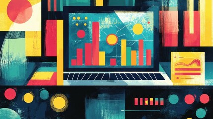 Poster - A vibrant, stylized illustration showing colorful graphs and charts on a laptop, representing data analysis and growth trends. illustration