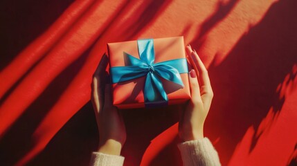 Gift Surprise on Red: A  pair of hands gently cradles a vibrant coral gift box adorned with a bright turquoise ribbon, set against a rich red fabric backdrop. The sunlight casts dramatic shadows.