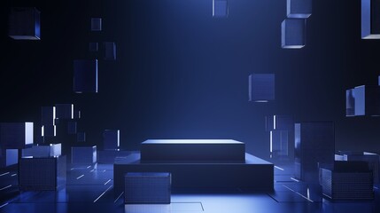 Poster - Modern 3D Podium Surrounded by Empty Space and Floating Cubes