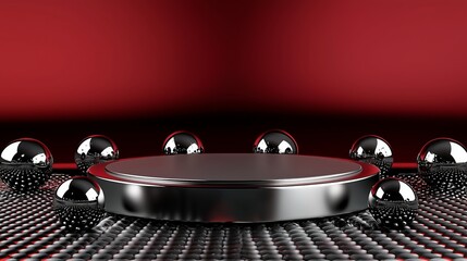 Poster - Modern 3D Podium in Empty Space Surrounded by Reflective Spheres