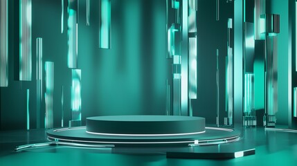 Poster - Modern 3D Podium in Empty Space Surrounded by Abstract Light Strips