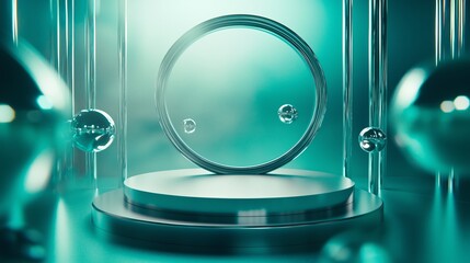 Poster - Modern 3D Podium in Empty Space Surrounded by Soft Light and Spheres