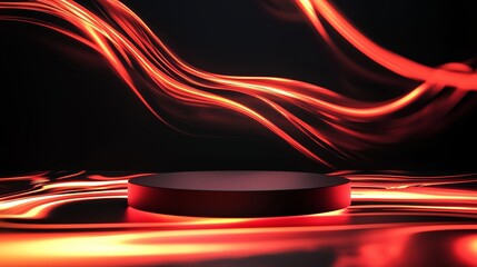 Poster - Modern 3D Podium with Ample Empty Space Surrounded by Flowing Red Waves