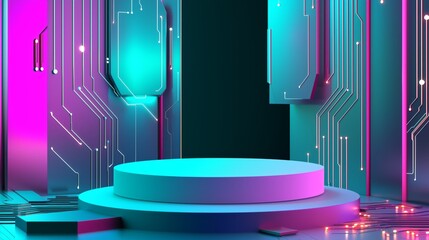 Poster - Modern 3D Podium Surrounded by Abstract Technology Space Background