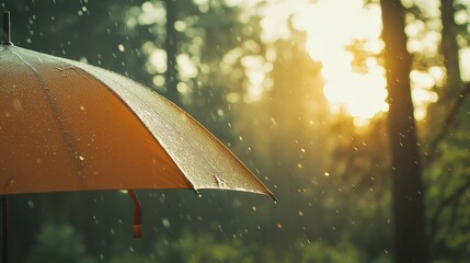 Poster - Rain gently falling on a bright yellow umbrella nestled in a serene forest during the enchanting golden hour, creating a cozy and atmospheric scene filled with tranquility
