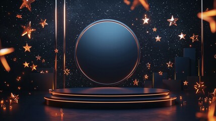 Poster - Elegant 3D Podium Design Surrounded by Stars and Dark Space Atmosphere