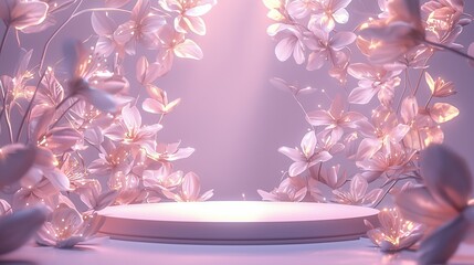Poster - Elegant 3D Podium Surrounded by Delicate Flowers with Ample Empty Space
