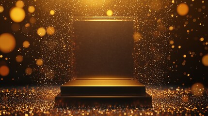 Poster - Stylish 3D Podium in a Large Empty Area with Golden Bokeh Effects