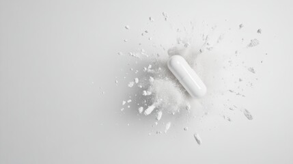 Leinwandbilder - White medicine capsule exploding and releasing white powder on a white background, representing concepts of pharmaceuticals, medicine, and healthcare