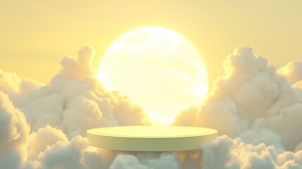 Poster - Stylish 3D Podium Surrounded by Clouds and a Bright Sunlight Background