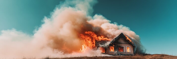 Poster - Large wooden house engulfed in flames and smoke during a devastating fire, illustrating concepts of property loss, insurance claims, and fire safety
