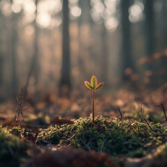 Poster - Emerging seedling in forest sunlight with soft bokeh background