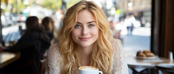 Poster - Woman enjoys coffee at outdoor cafe. City background