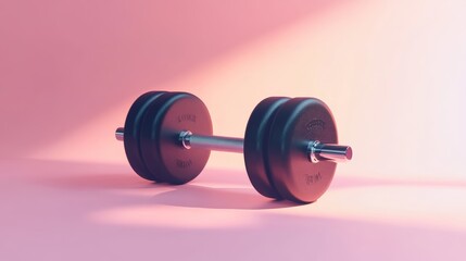 Aufkleber - Black dumbbell with silver handle lying on pink surface with dramatic lighting creating long shadows, perfect for fitness and workout concepts