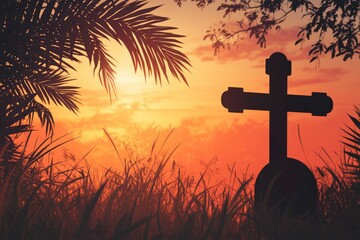 Poster - Palm Sunday concept: Silhouette cross and empty tombstone with palm leaves over meadow sunset background 