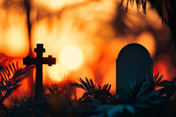 Poster - Palm Sunday concept: Silhouette cross and empty tombstone with palm leaves over meadow sunset background 