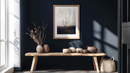 Aufkleber - Rustic wooden bench with ceramic pottery and minimalist framed artwork