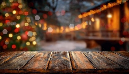 Poster - rustic wooden table with festive holiday bokeh lights and evergreen branches, perfect for seasonal designs and product mockups

