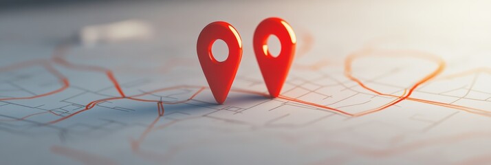 Poster - Two red location pins sitting on a map, highlighting an orange route, representing the concepts of online navigation and efficient route planning for travel adventures