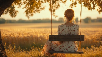 Wall Mural - Woman on swing, sunset field, peaceful, rural scene, calm