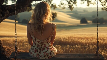 Wall Mural - Woman on swing, sunset, wheat field, peaceful landscape, idyllic scene