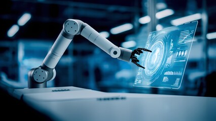 Poster - Robotic arm operating advanced technology industrial facility digital display modern environment close-up view automation concept