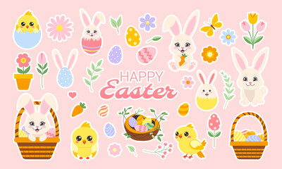Wall Mural - a collection of easter-themed stickers featuring rabbits, birds, and flowers. the stickers are arran