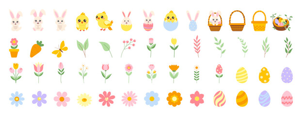 Wall Mural - a collection of easter-themed images, including flowers, eggs, and baskets. the images are colorful 