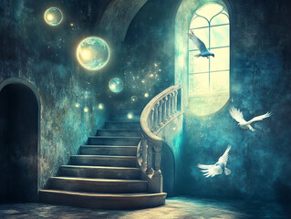 Poster - Magical staircase with glowing orbs and doves in a mystical room
