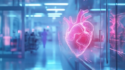 Poster - creative glowing cardiovascular medical hud screen on blurry hospital interior background. online me