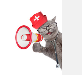 Aufkleber - Happy cat dressed like a doctor with stethoscope on his neck looking behind white banner and meowing into megaphone. isolated on white background