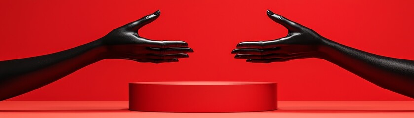 Poster - Futuristic Abstract Art Featuring Realistic Hands of a Mannequin Reaching Towards a Red Circular Platform