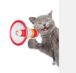 Aufkleber - Happy cat dressed like a doctor with stethoscope on his neck looking behind white banner and meowing into megaphone. isolated on white background