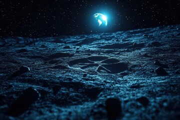 Wall Mural - mysterious alien footprints creating strange patterns in lunar dust with earth rising on horizon and stars in black space background