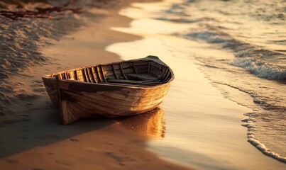 Wall Mural - Wooden boat on sandy beach at sunset, calm waves. Use travel, nature