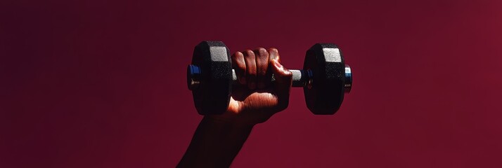 Poster - Strong hand lifting dumbbell against burgundy backdrop, symbolizing fitness, workout, exercise, gym training, and active lifestyle
