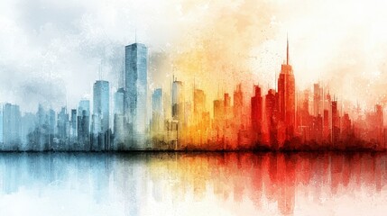 Poster - Dramatic Abstract Skyline with Blending Colors of Blue, White, Orange, and Red on a Glistening Surface