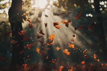 Poster - Colorful autumn leaves fall gracefully in a serene forest illuminated by golden sunlight and soft rays during the fall season. Generative AI
