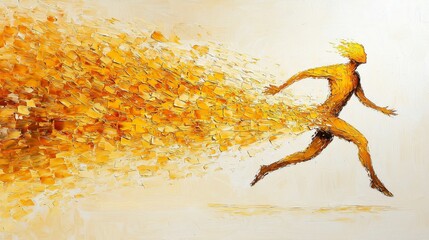 Poster - Vibrant Abstract Art Depicting a Dynamic Yellow Figure in Motion with Swirling Colorful Brush Strokes