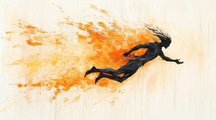 Poster - Dynamic Figure in Abstract Flight with Fiery Trails of Color and Movement Against a Light Background
