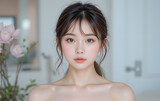  女性、ピンク、美容、コスメ、スキンケア、ナチュラル、韓国、日本人、美人、かわいい、ボディケア、セルフケア、ビューティー、美肌、美顔、小顔、エステ、サロン、美白、ホワイトニング、オルチャンメイク、オルチャンヘア、シースルーバング、オフショルダー、チューブトップ、若い、20代、脱毛、モデル、カメラ目線、保湿、素肌、はり、つや、アンチエイジング、エイジングケア、化粧品、メイク、ニキビケア、UVケア、キ