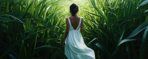 Wall Mural - Serene woman in flowing white dress standing amidst lush green field of plants