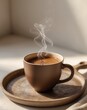 © Den Boro Day - Aromatic Steaming Coffee in a Warm Brown Cup on Wooden Tray