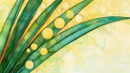 Poster - Colorful Abstract Illustration of Green Leaves with Circular Elements and Soft Yellow Background