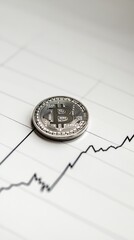 Poster - Silver bitcoin is placed on a rising graph, representing the growth and potential of cryptocurrency investments in the financial market