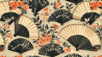 Aufkleber - Elegant Seamless Pattern of Vintage Hand Fans and Roses