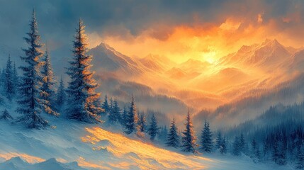 Wall Mural - Majestic sunset over snow-covered mountain range with evergreen trees.