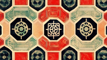 Poster - Intricate Geometric Tile Pattern in Red, Blue, and Beige Hues